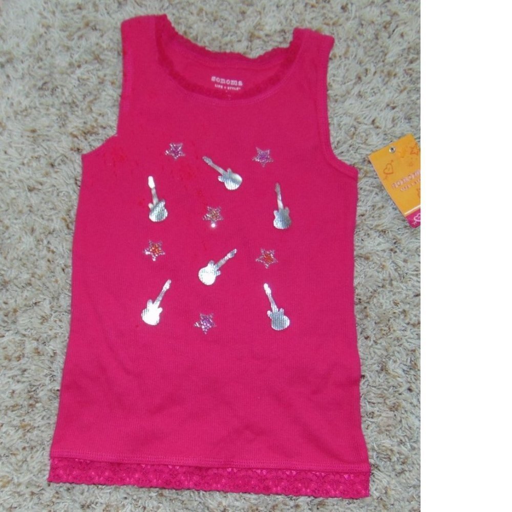 Girls Tank Top 5 Pink Silver Foil Guitars Ribbed Cotton Crew Tagless Sonoma